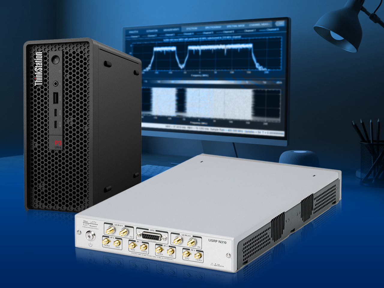 小型PCとUSRP、モニターを組み合わせた参考構成